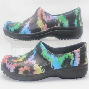 Crocs Dual Comfort‎ Slip On Clogs Tie Dye Black Rainbow Work Shoes W8 NWOB